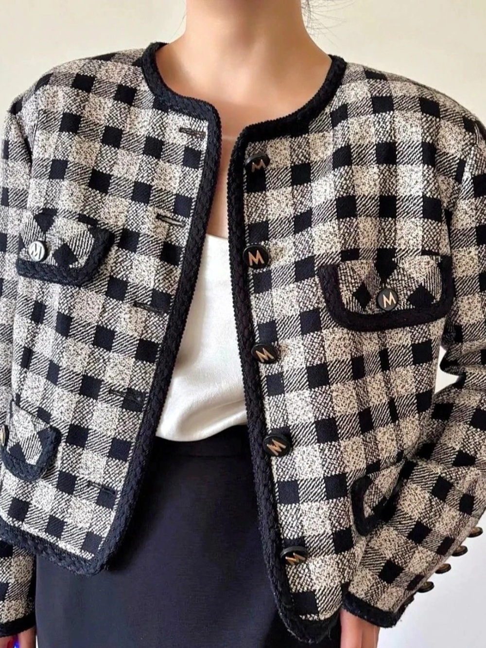 Vintage Mondi Checkered Wool Silk Cropped Jacket in Black & Cream size S